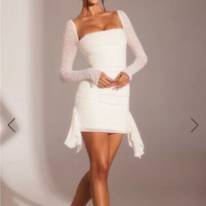 Ferrara long sleeve embellished cowl neck mini dress in white